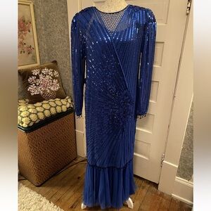 Vtg Oleg Cassini royal blue sequined silk layered dress mother of the bride sz 8